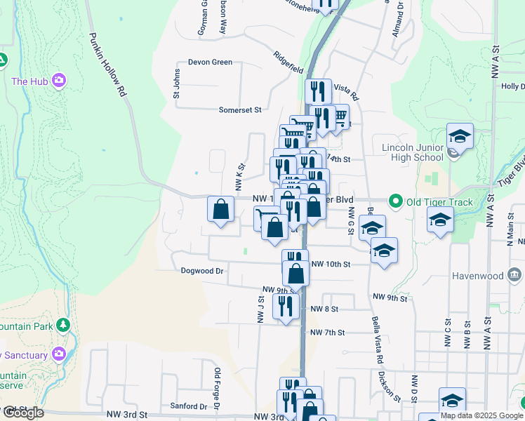 map of restaurants, bars, coffee shops, grocery stores, and more near 1011 Northwest 12th Street in Bentonville
