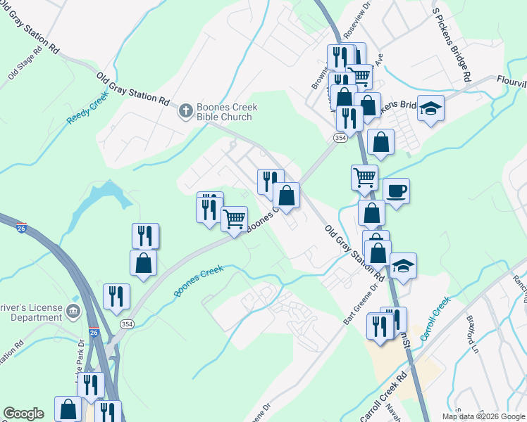 map of restaurants, bars, coffee shops, grocery stores, and more near 3033 Boones Creek Road in Johnson City