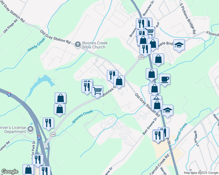 map of restaurants, bars, coffee shops, grocery stores, and more near 3033 Boones Creek Road in Johnson City