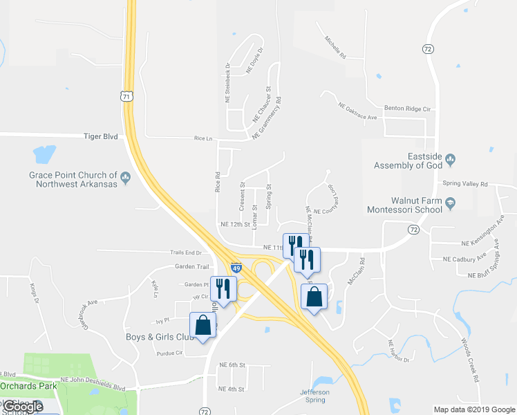 map of restaurants, bars, coffee shops, grocery stores, and more near 1208 Lomar Street in Bentonville