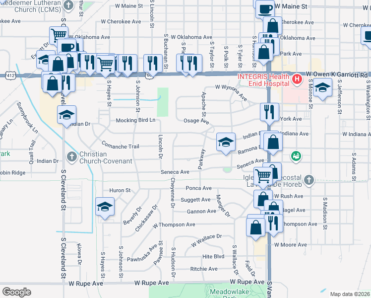 map of restaurants, bars, coffee shops, grocery stores, and more near 1525 Tahlequah Place in Enid