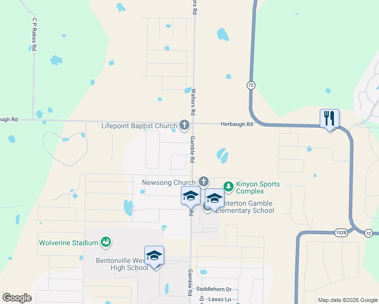 map of restaurants, bars, coffee shops, grocery stores, and more near 11071 Gamble Road in Centerton