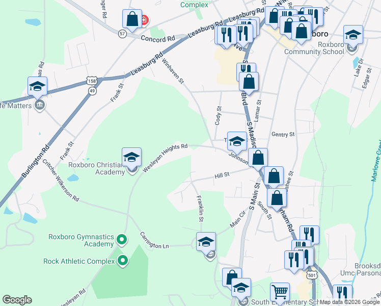 map of restaurants, bars, coffee shops, grocery stores, and more near 229 State Road 1152 in Roxboro