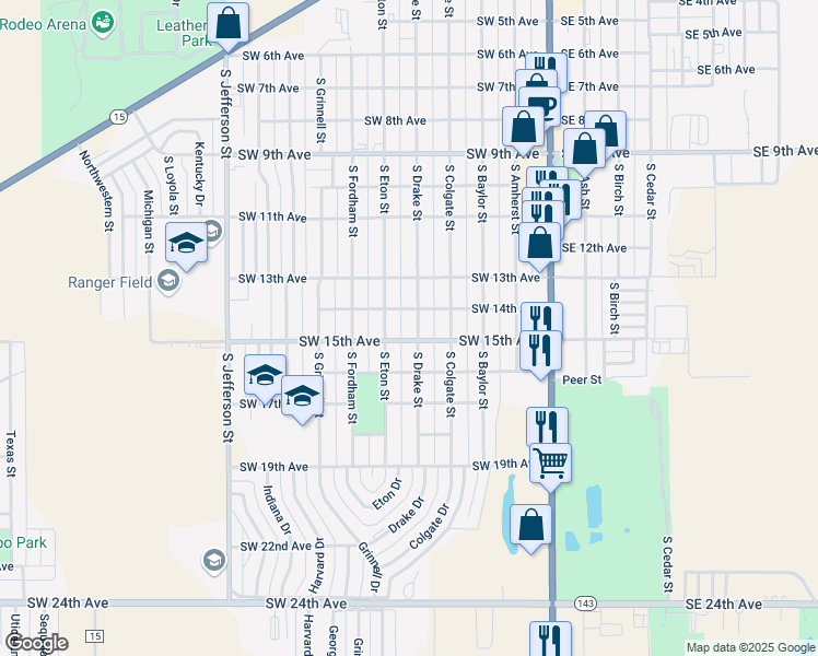map of restaurants, bars, coffee shops, grocery stores, and more near 348-398 Southwest 15th Avenue in Perryton