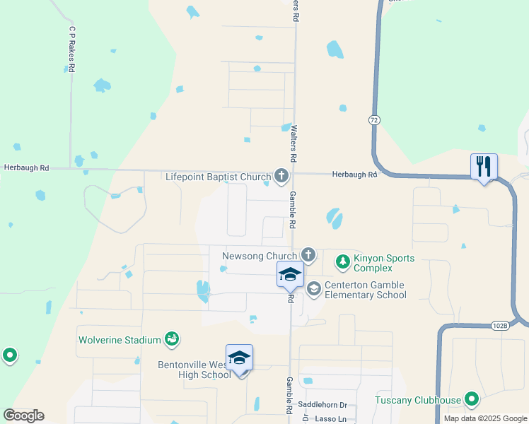 map of restaurants, bars, coffee shops, grocery stores, and more near 940 Sunset Lane in Centerton