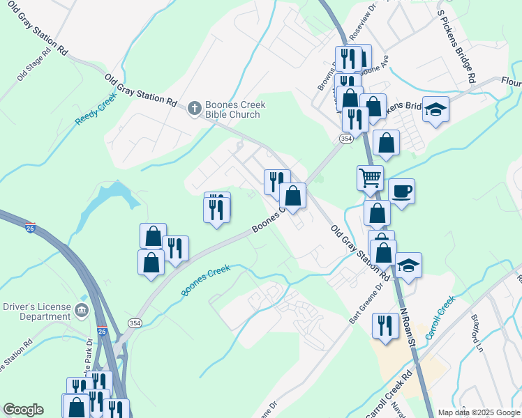 map of restaurants, bars, coffee shops, grocery stores, and more near 3033 Boones Creek Road in Johnson City