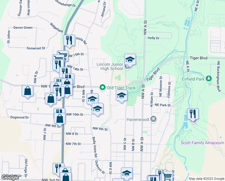 map of restaurants, bars, coffee shops, grocery stores, and more near 1101 Northwest Lincoln Court in Bentonville