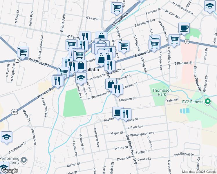 map of restaurants, bars, coffee shops, grocery stores, and more near 135 East Bledsoe Street in Gallatin