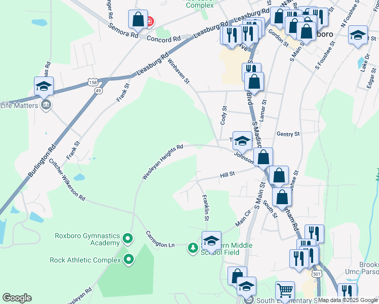 map of restaurants, bars, coffee shops, grocery stores, and more near 237 Wesleyan Heights Road in Roxboro