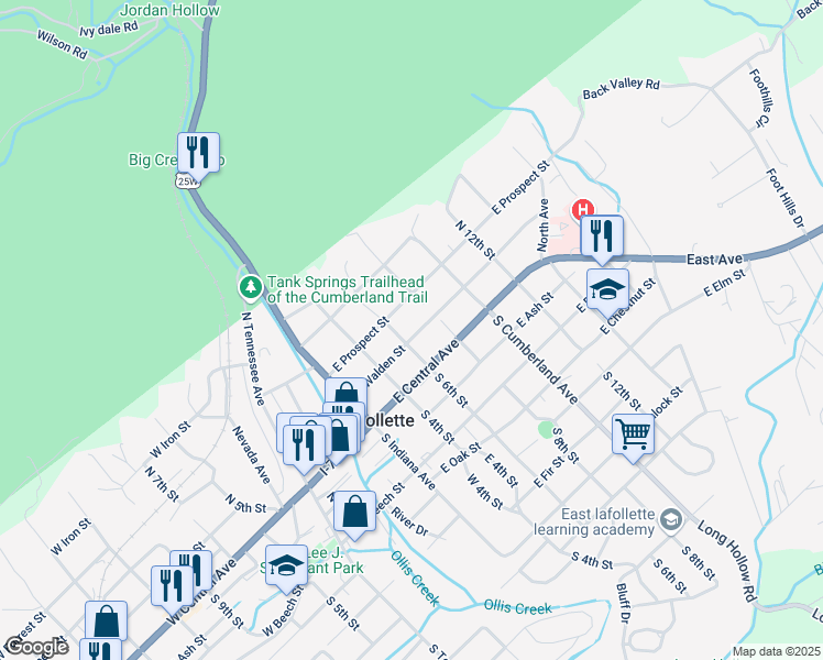 map of restaurants, bars, coffee shops, grocery stores, and more near 505 East Walden Street in LaFollette