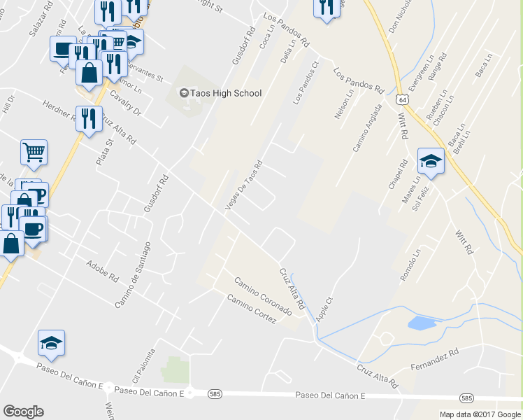 map of restaurants, bars, coffee shops, grocery stores, and more near 346 Monte Vista Road in Taos