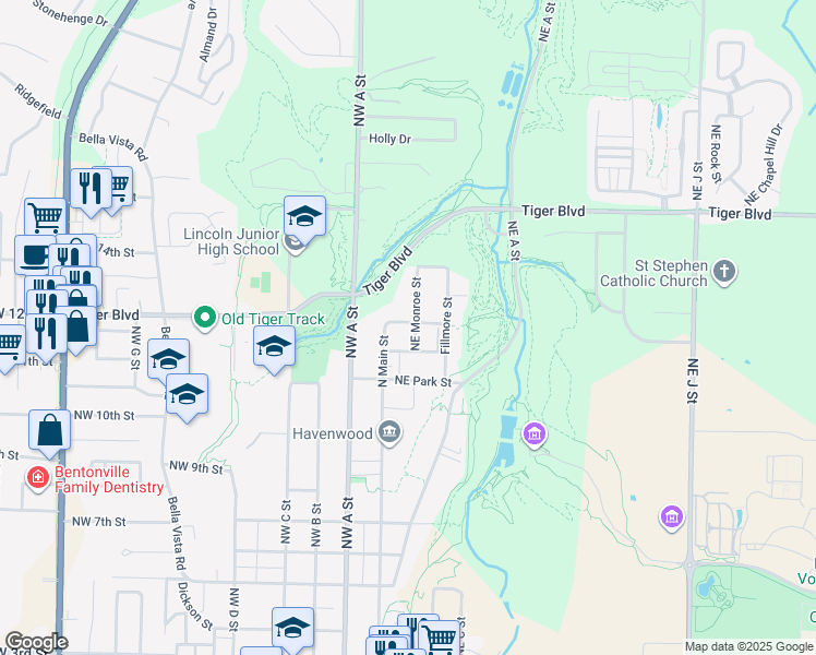 map of restaurants, bars, coffee shops, grocery stores, and more near 1117 Monroe St in Bentonville