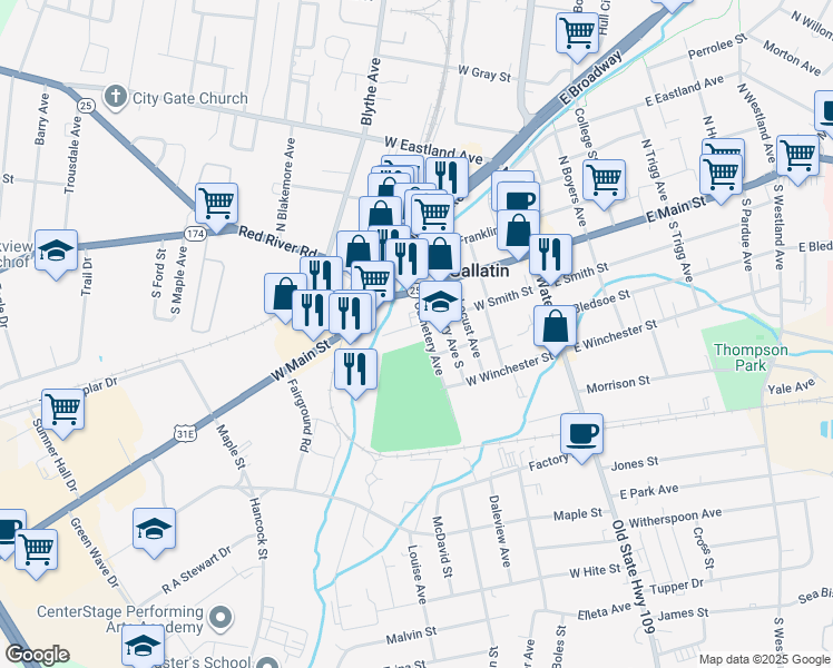 map of restaurants, bars, coffee shops, grocery stores, and more near 315 West Smith Street in Gallatin