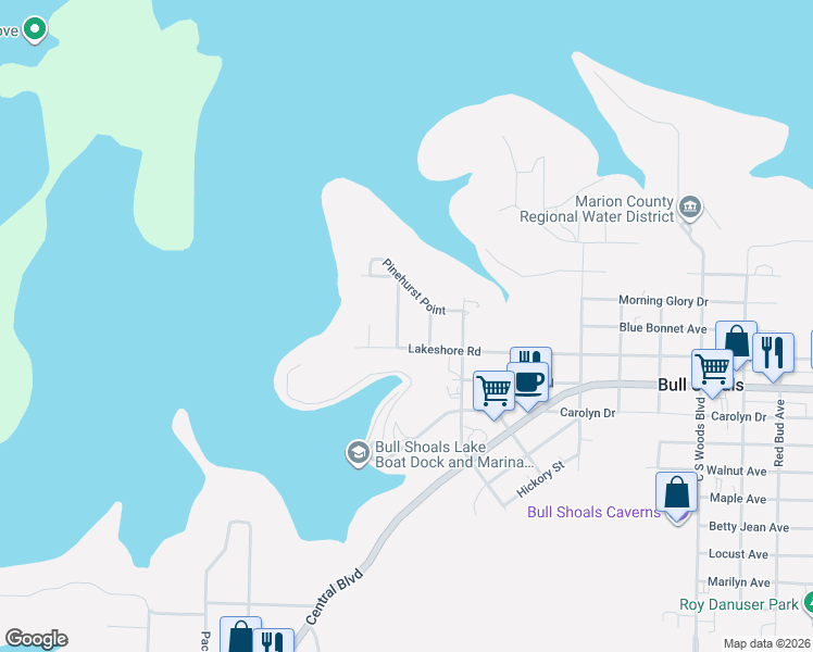 map of restaurants, bars, coffee shops, grocery stores, and more near 405 Oakridge Avenue in Bull Shoals