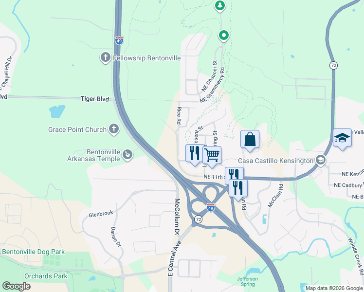 map of restaurants, bars, coffee shops, grocery stores, and more near 1204 Rice Road in Bentonville