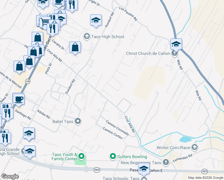 map of restaurants, bars, coffee shops, grocery stores, and more near 315-365 Vegas De Taos Circle in Taos