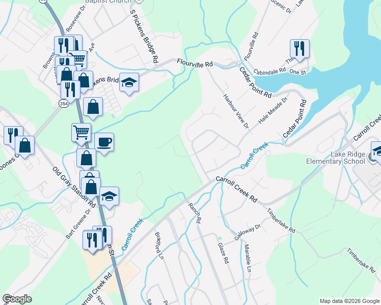 map of restaurants, bars, coffee shops, grocery stores, and more near 201 Emerald Chase Circle in Johnson City