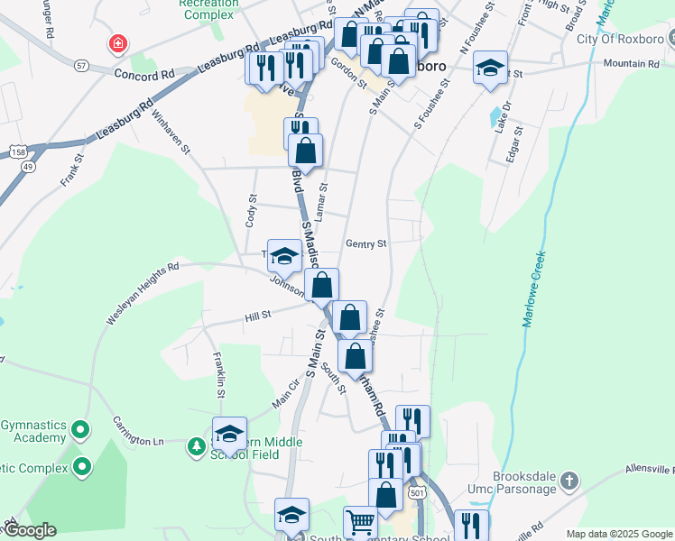 map of restaurants, bars, coffee shops, grocery stores, and more near South Main Street in Roxboro