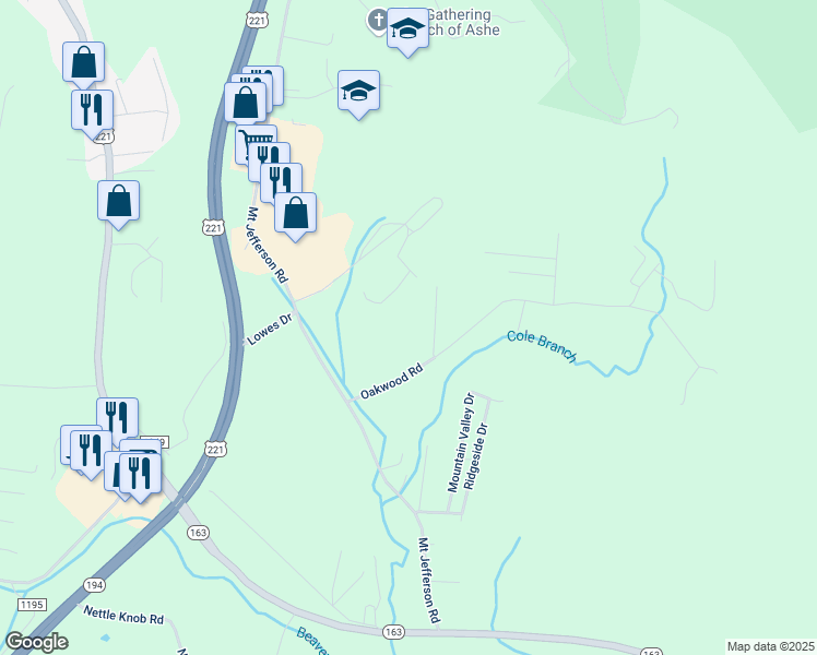 map of restaurants, bars, coffee shops, grocery stores, and more near 161 Hickory Forest Drive in West Jefferson