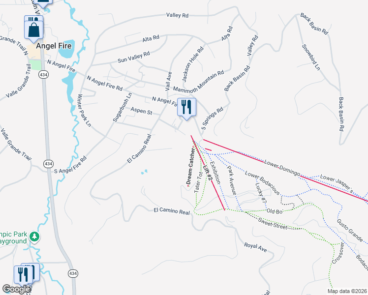 map of restaurants, bars, coffee shops, grocery stores, and more near Aspen Street in Angel Fire
