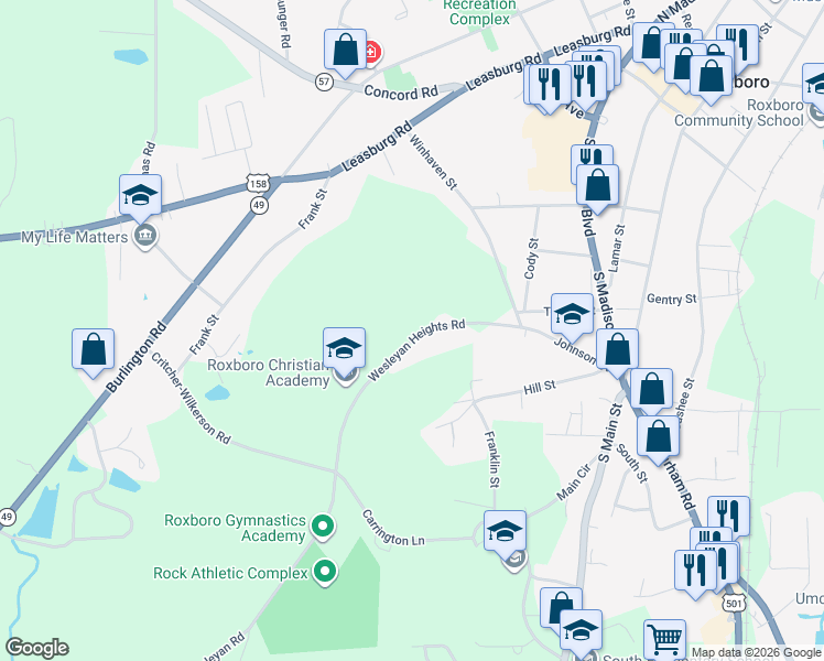 map of restaurants, bars, coffee shops, grocery stores, and more near 319 State Road 1152 in Roxboro