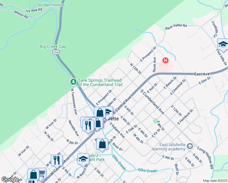 map of restaurants, bars, coffee shops, grocery stores, and more near 505 East Walden Street in LaFollette