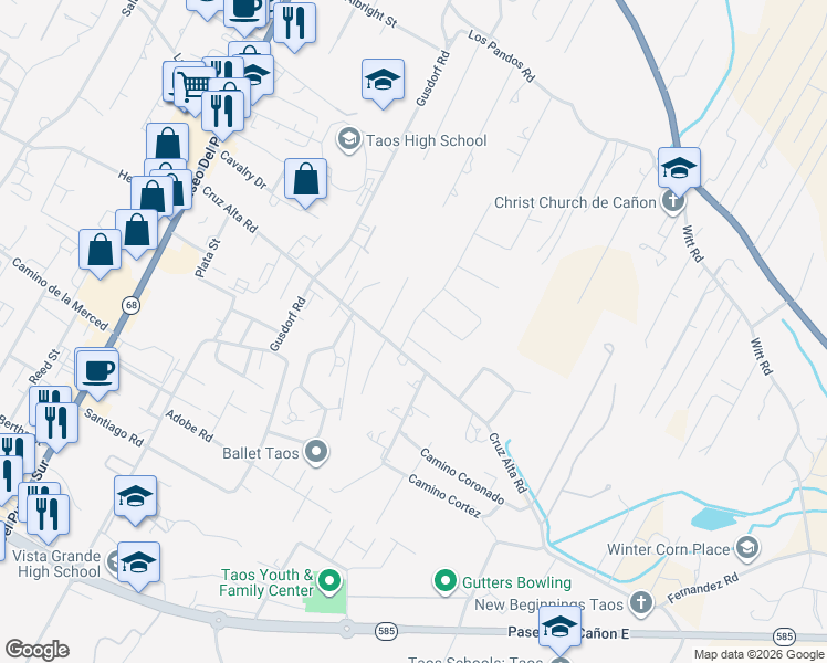 map of restaurants, bars, coffee shops, grocery stores, and more near 315 Vegas De Taos Circle in Taos
