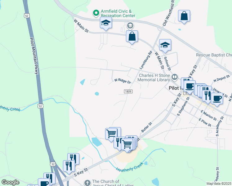 map of restaurants, bars, coffee shops, grocery stores, and more near 715 Saddle Drive in Pilot Mountain