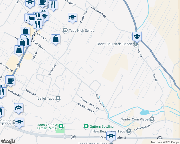 map of restaurants, bars, coffee shops, grocery stores, and more near 354 Monte Vista Road in Taos