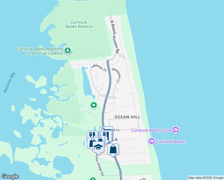 map of restaurants, bars, coffee shops, grocery stores, and more near 1233 Ocean Hill Boulevard West in Corolla