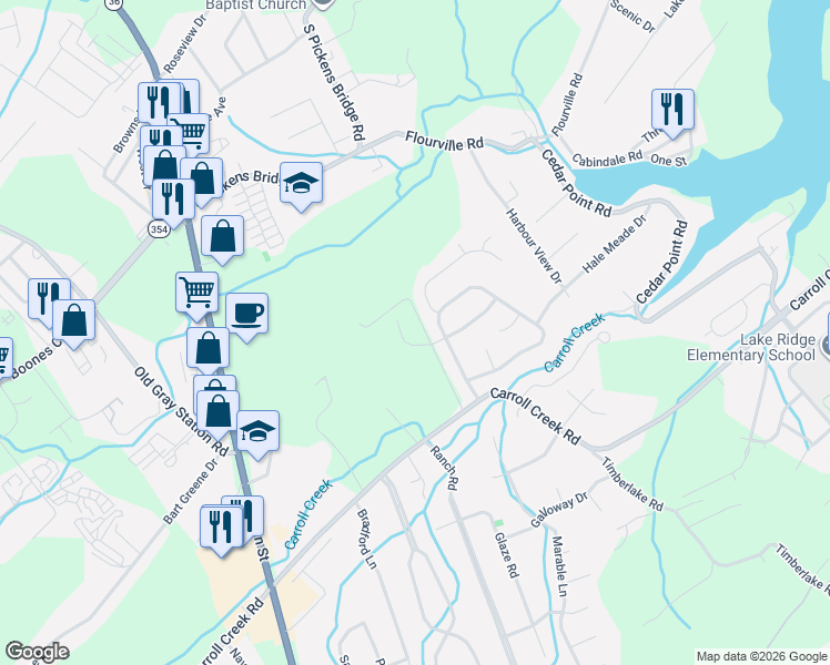 map of restaurants, bars, coffee shops, grocery stores, and more near 201 Emerald Chase Circle in Johnson City