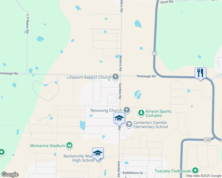map of restaurants, bars, coffee shops, grocery stores, and more near 940 Sunset Lane in Centerton
