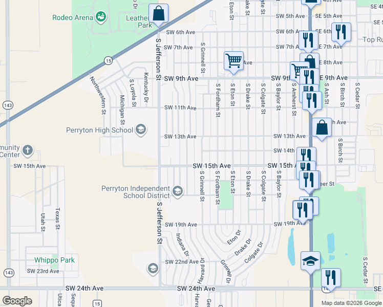 map of restaurants, bars, coffee shops, grocery stores, and more near 1400-1498 South Grinnell Street in Perryton
