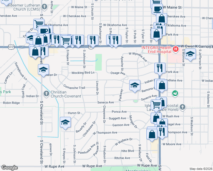 map of restaurants, bars, coffee shops, grocery stores, and more near 1525 Tahlequah Place in Enid