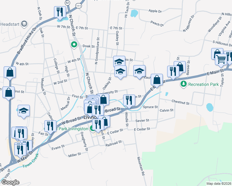 map of restaurants, bars, coffee shops, grocery stores, and more near 317 East University Street in Livingston