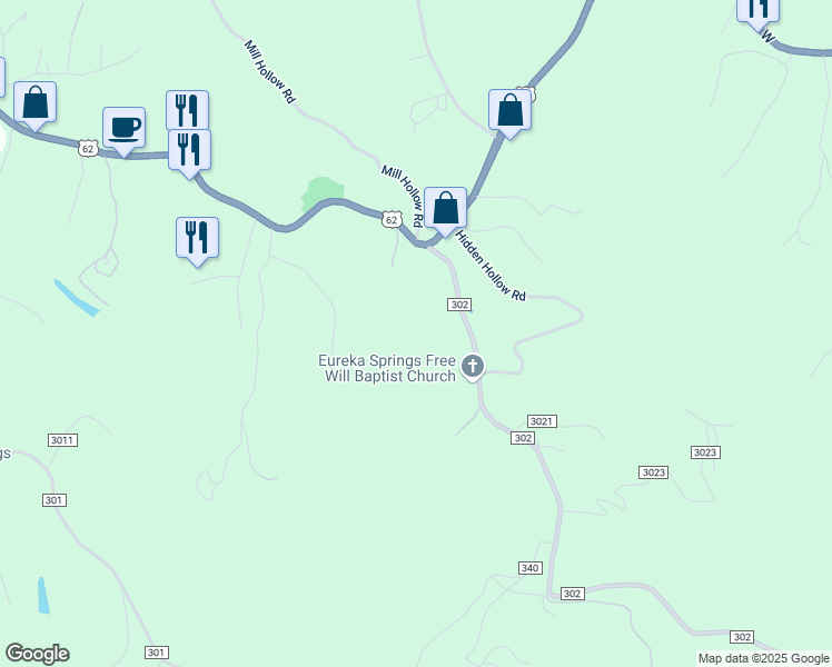 map of restaurants, bars, coffee shops, grocery stores, and more near 136 County Road 302 in Eureka Springs