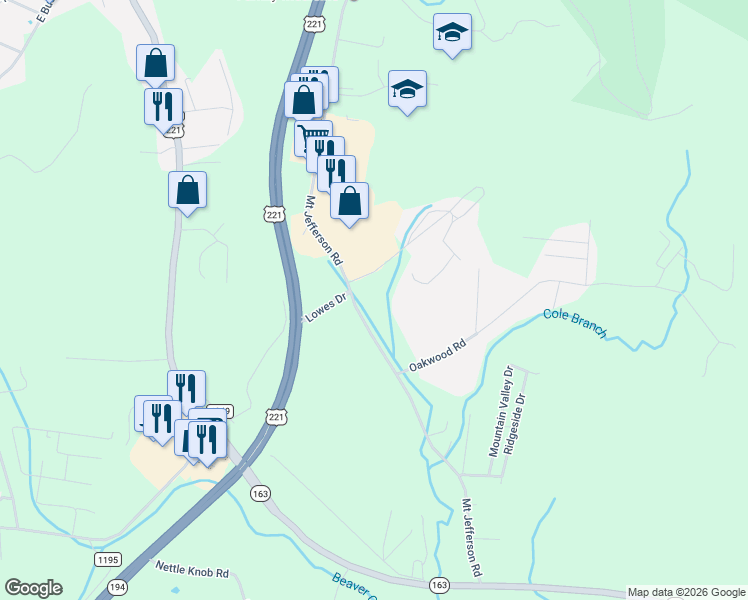 map of restaurants, bars, coffee shops, grocery stores, and more near 1700 Mount Jefferson Road in West Jefferson