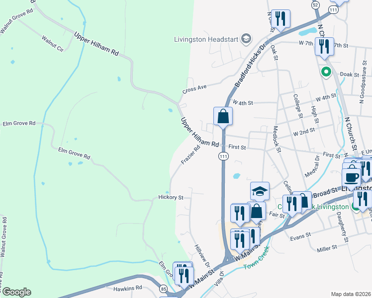 map of restaurants, bars, coffee shops, grocery stores, and more near 127 Frazier Road in Livingston