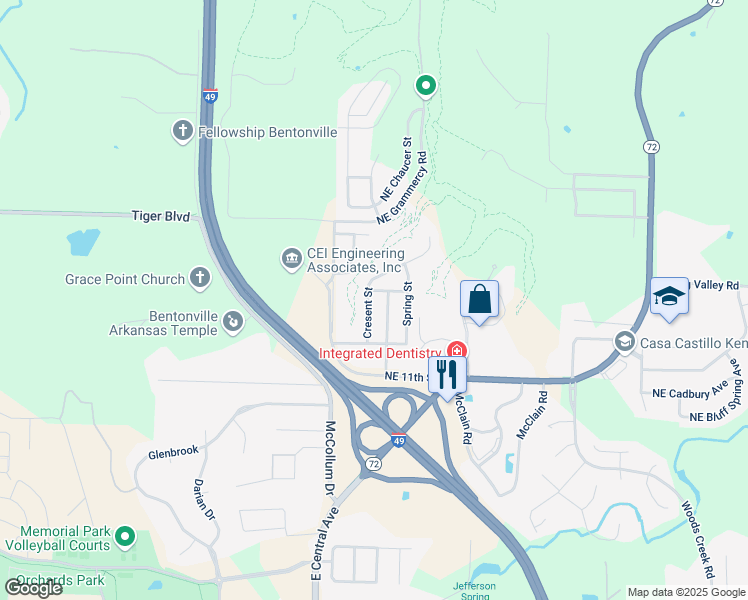 map of restaurants, bars, coffee shops, grocery stores, and more near 1408 Cresent Street in Bentonville