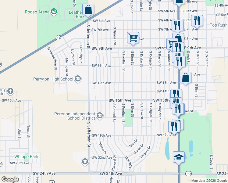 map of restaurants, bars, coffee shops, grocery stores, and more near 1400 South Grinnell Street in Perryton