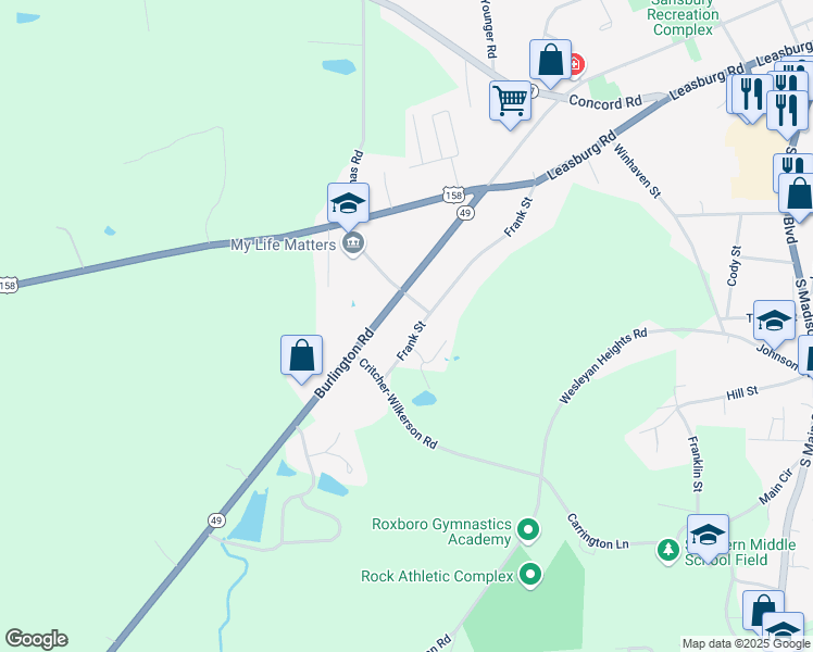 map of restaurants, bars, coffee shops, grocery stores, and more near 911 Frank Street in Roxboro