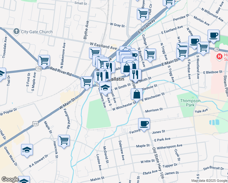 map of restaurants, bars, coffee shops, grocery stores, and more near 123 South Foster Avenue in Gallatin