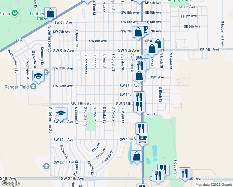 map of restaurants, bars, coffee shops, grocery stores, and more near 253-299 Southwest 13th Avenue in Perryton