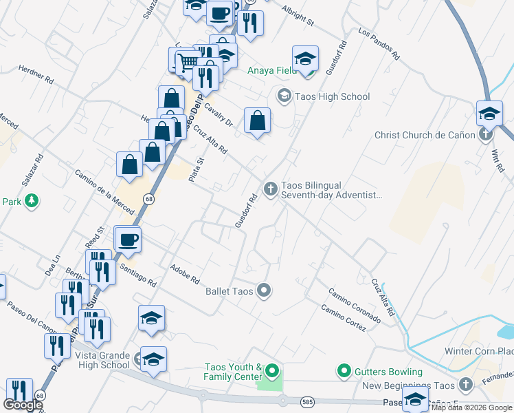 map of restaurants, bars, coffee shops, grocery stores, and more near 302 Cruz Alta Rd in Taos