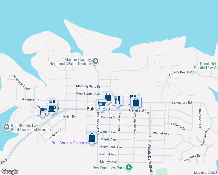 map of restaurants, bars, coffee shops, grocery stores, and more near 201-299 Broadway Avenue in Bull Shoals
