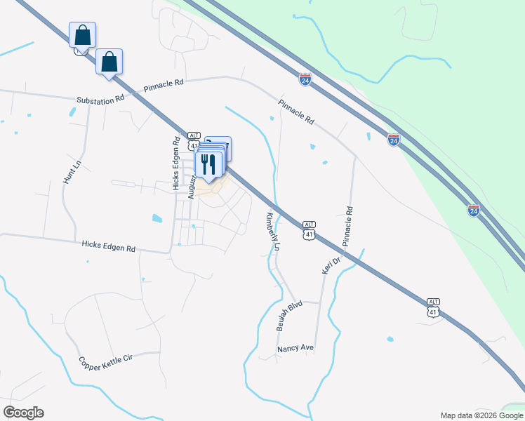 map of restaurants, bars, coffee shops, grocery stores, and more near 101 Kimberly Lane in Pleasant View