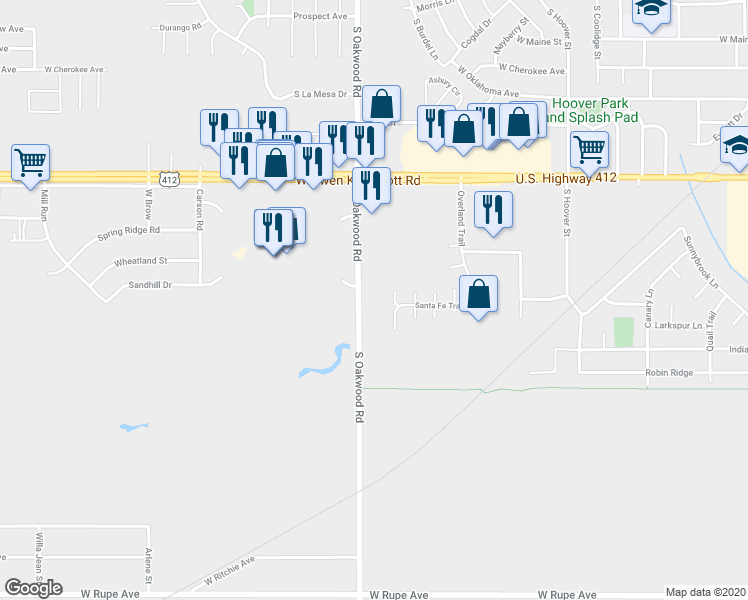 map of restaurants, bars, coffee shops, grocery stores, and more near 1001 South Oakwood Road in Enid