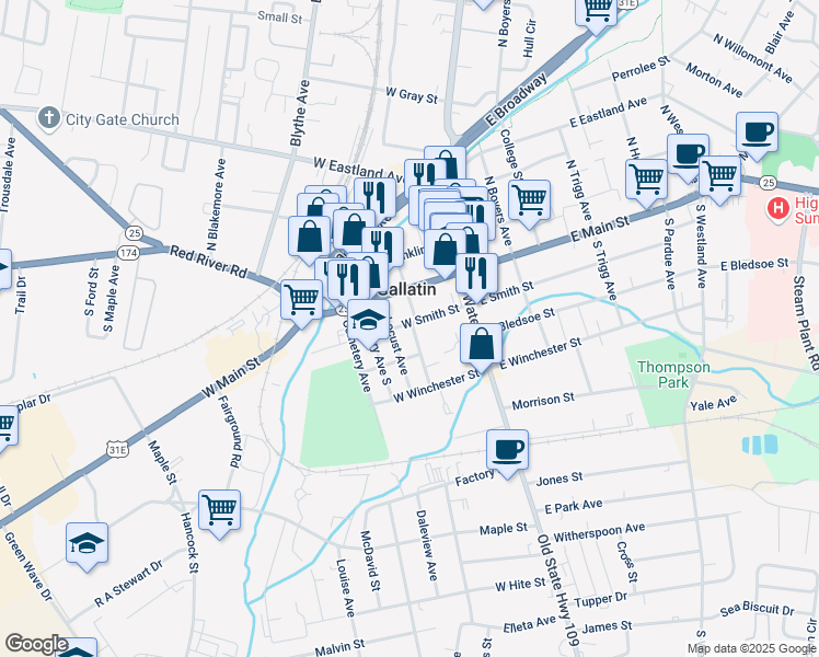 map of restaurants, bars, coffee shops, grocery stores, and more near 123 South Foster Avenue in Gallatin