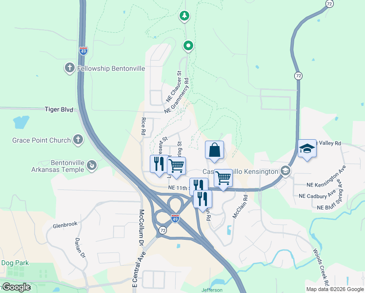 map of restaurants, bars, coffee shops, grocery stores, and more near 1402 Spring Street in Bentonville