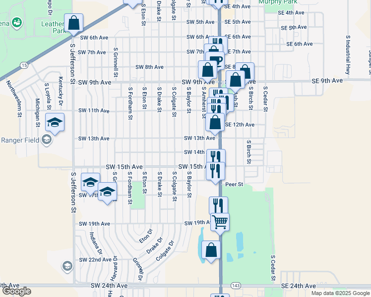 map of restaurants, bars, coffee shops, grocery stores, and more near 253-299 Southwest 13th Avenue in Perryton